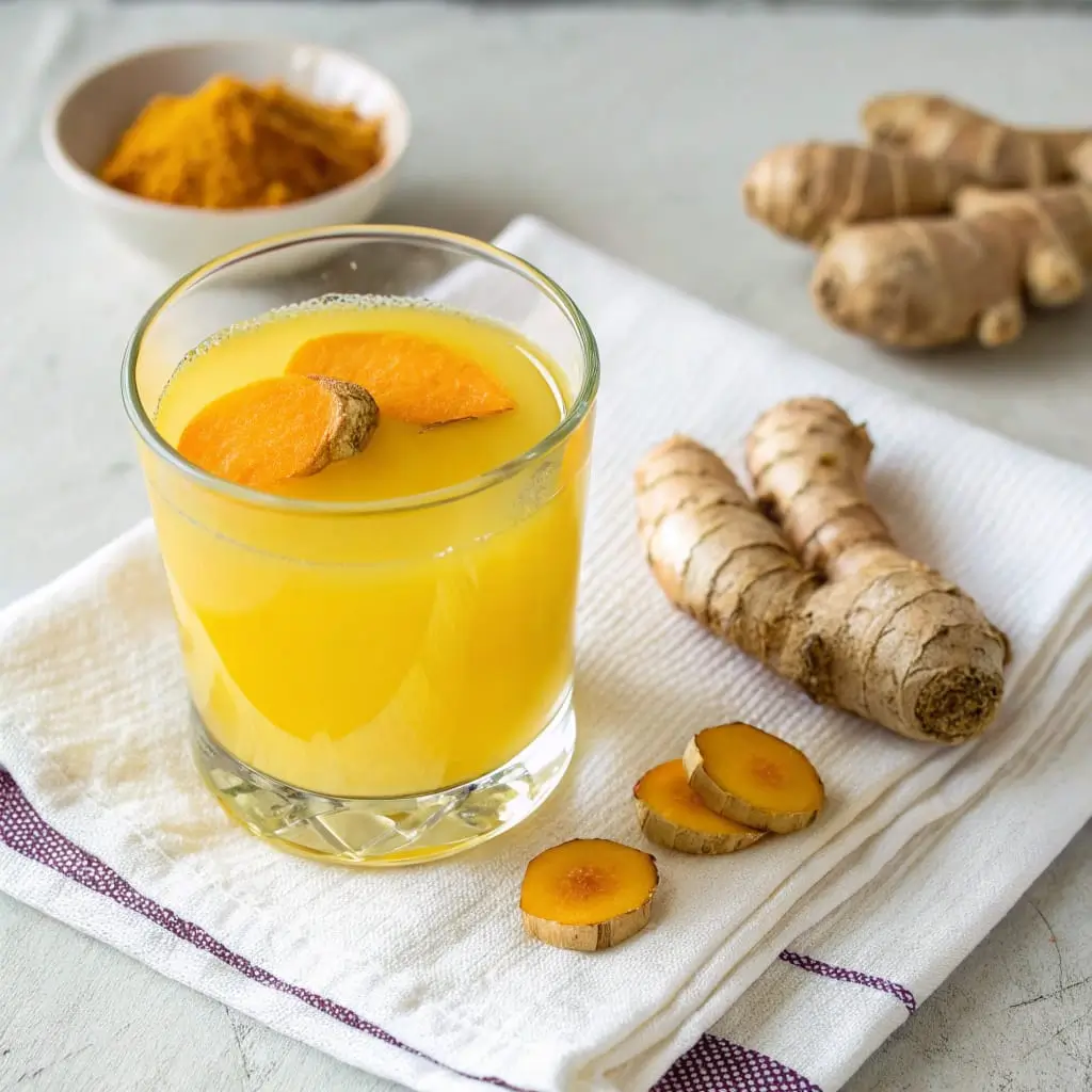 Ginger Turmeric Shot – Immune-Boosting Wellness in a Sip - Easy Quick Recipe - Easy Quick Recipe Vibrant ginger turmeric shot in a small glass, garnished with lemon slices and fresh turmeric root, set against a clean white background.