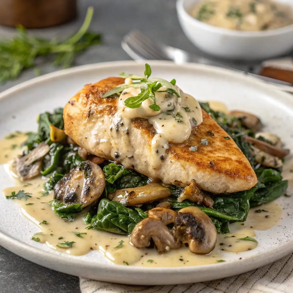 Creamy Spinach & Mushrooms Marry Me Chicken – Irresistibly Savory & Elegant - Easy Quick Recipe - Easy Quick Recipe Creamy spinach and mushroom “Marry Me” chicken in a golden sauce, garnished with herbs, served in a skillet.