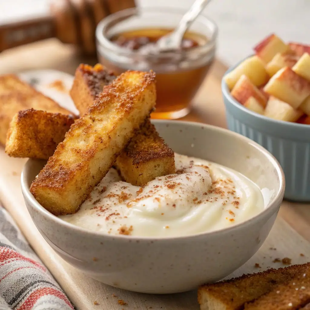 French Toast Dippers with Yogurt Dip – Kid-Friendly Breakfast Fun - Easy Quick Recipe - Easy Quick Recipe A plate of French toast dippers served with a bowl of creamy yogurt dip, garnished with cinnamon and fresh fruit.