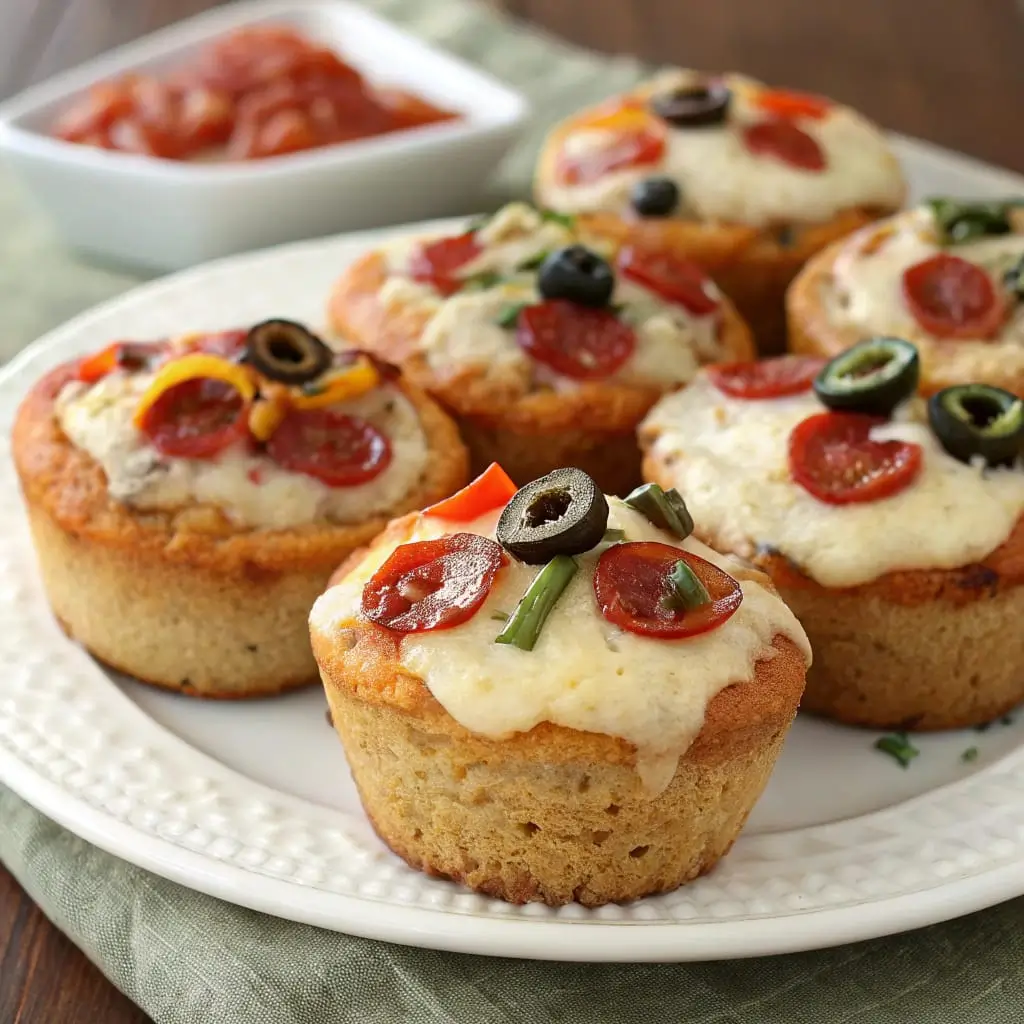 Whole Wheat Pizza Muffins – Easy and Fun Snack Idea - Easy Quick Recipe - Easy Quick Recipe Golden brown whole wheat pizza muffins with melted cheese and mini pepperoni on top.