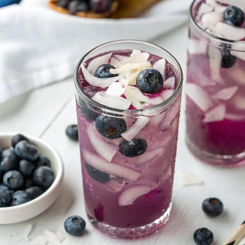 Blueberry Coconut Iced Tea – Tropical Chill with a Berry Twist - Easy Quick Recipe - Easy Quick Recipe Iced blueberry coconut tea in a tall glass with fresh blueberries, mint leaves, and ice cubes, served with a paper straw.