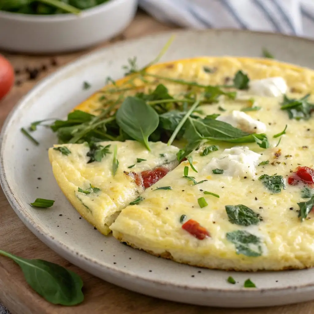 Egg White Frittata with Fresh Herbs – Healthy Breakfast Recipe - Easy Quick Recipe - Easy Quick Recipe Sliced egg white frittata in a skillet, garnished with herbs and vegetables.