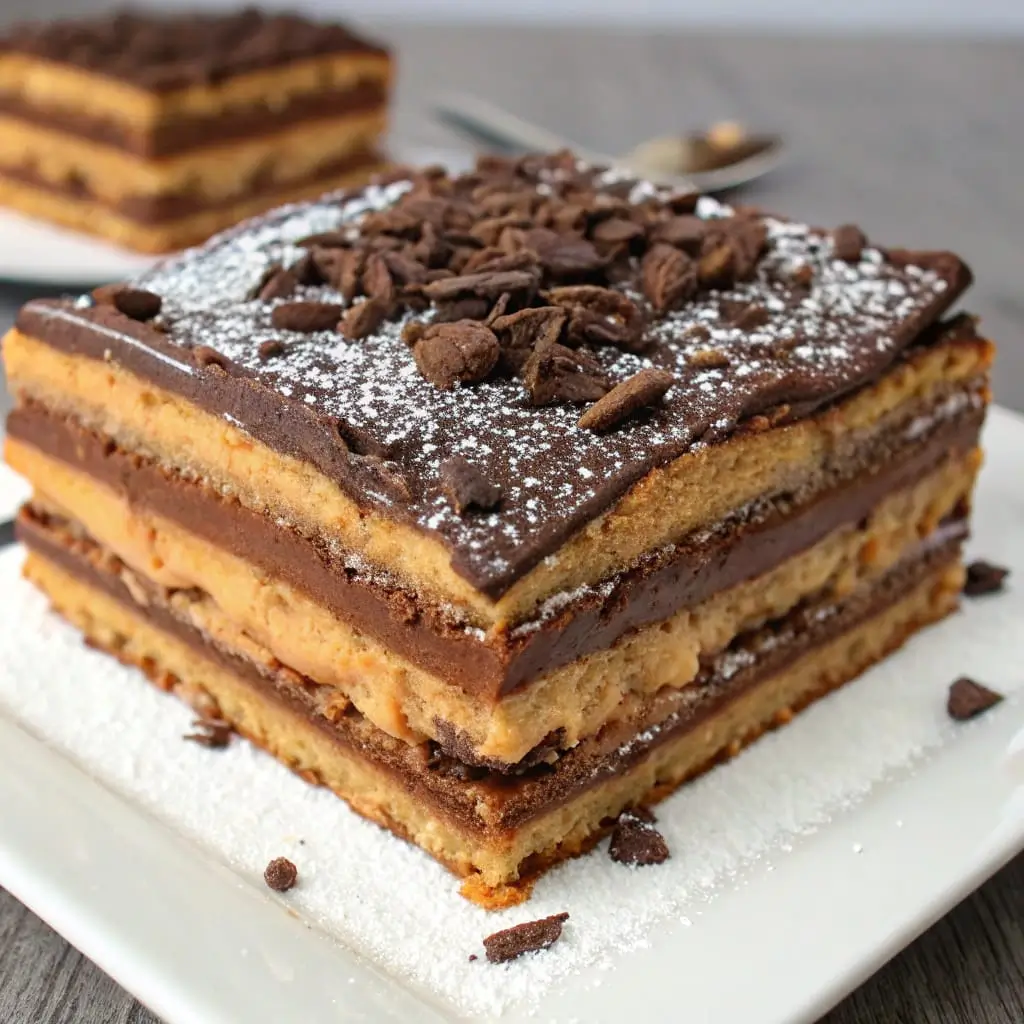 Chocotorta – No-Bake Dulce de Leche Dream Cake - Easy Quick Recipe - Easy Quick Recipe Classic Argentine Chocotorta layered with chocolate biscuits and dulce de leche cream, garnished with cocoa dust and chocolate shavings.