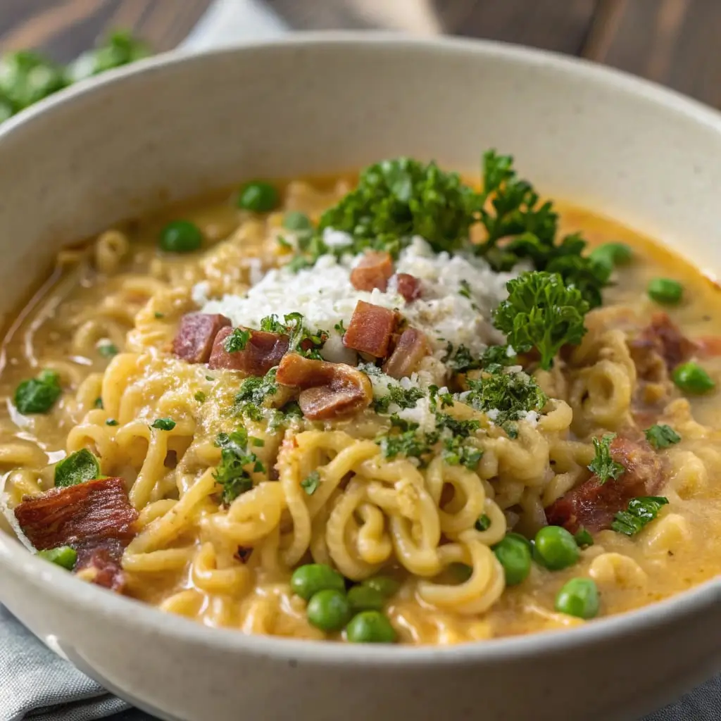 Ramen Carbonara – A Bold Twist on the Classic Italian Favorite - Easy Quick Recipe - Easy Quick Recipe Creamy ramen carbonara topped with crispy bacon bits, a soft-cooked egg, and a sprinkle of Parmesan, served in a cozy ceramic bowl.