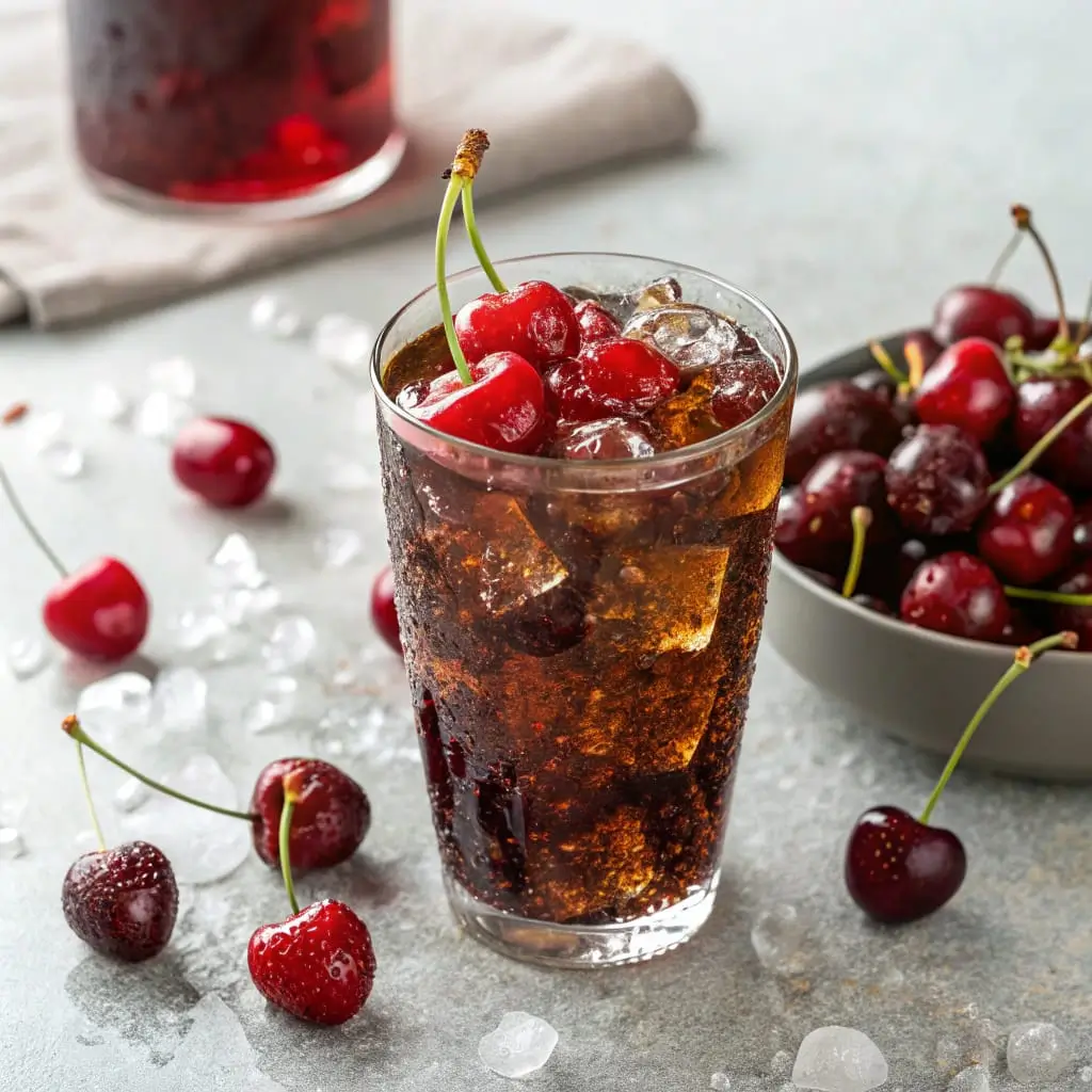 Cherry Cola Ice Crush – Fizzy, Fun, and Frosty Summer Sips - Easy Quick Recipe - Easy Quick Recipe Icy cherry cola slushie in a tall glass, garnished with fresh cherries and a wedge of lime, served with a striped straw.