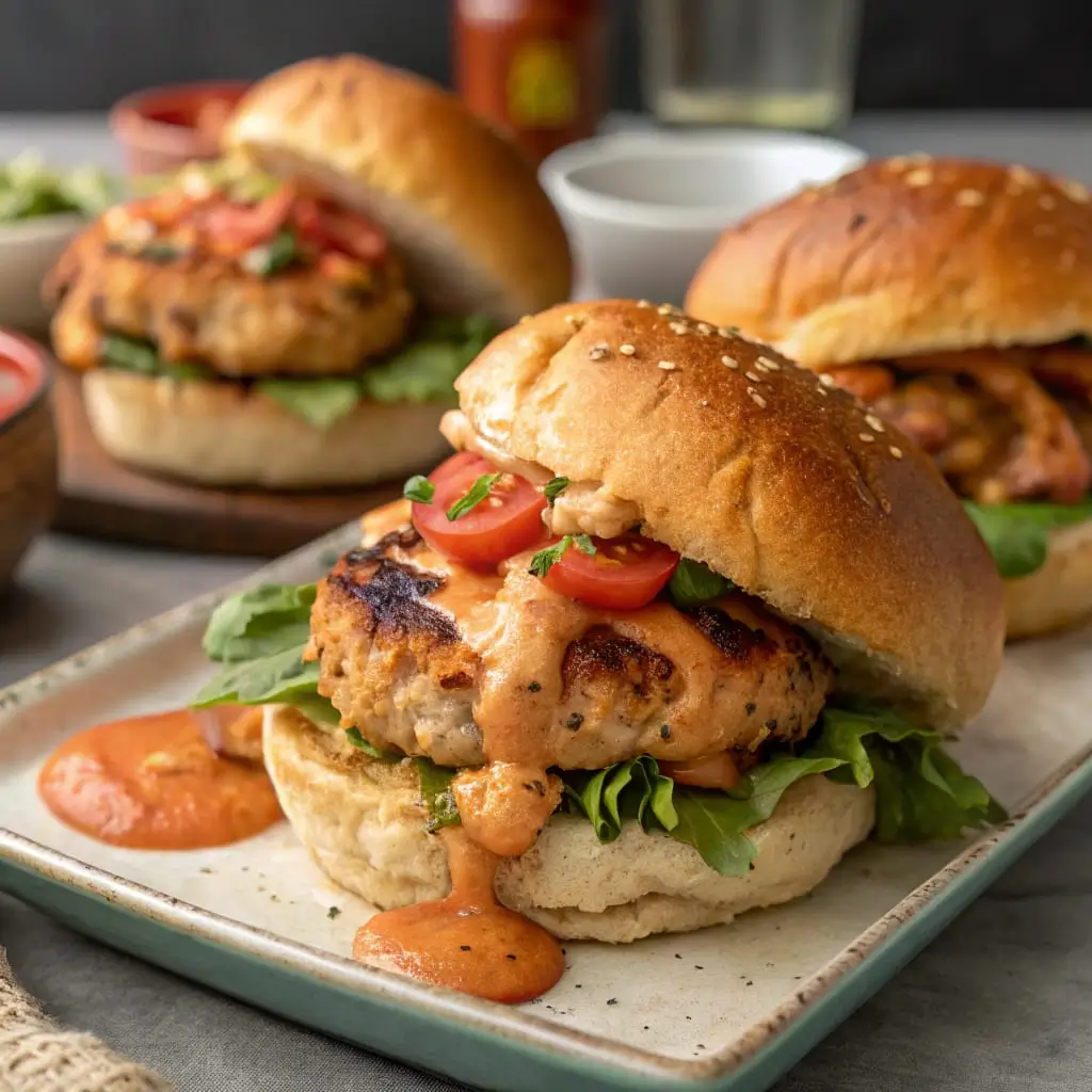 Smashed Chicken Burgers with Harissa Tahini – Bold, Juicy & Flavor-Packed - Easy Quick Recipe - Easy Quick Recipe Juicy smashed chicken burgers topped with vibrant harissa tahini sauce, lettuce, and pickles, stacked on toasted buns and served with crispy fries.