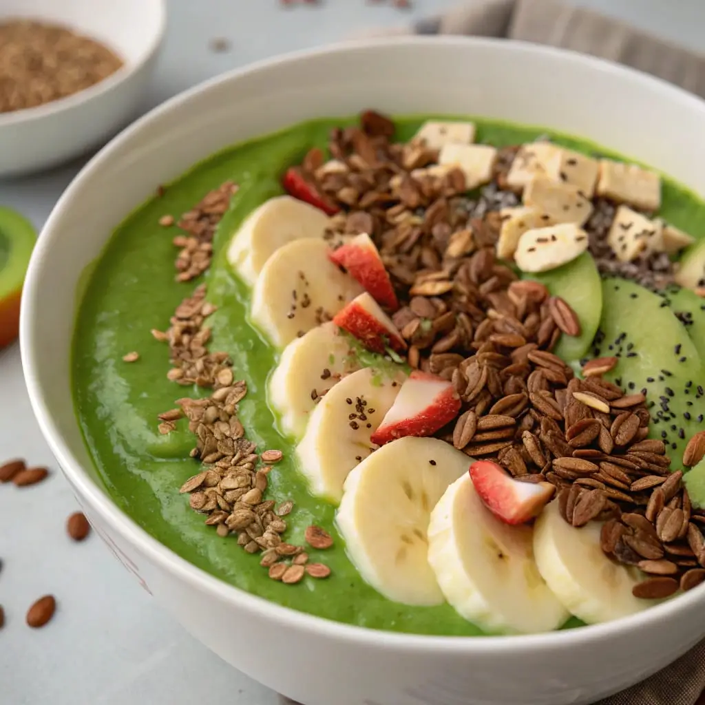 High-Fiber Smoothie Bowl with Flax – Nourishing Breakfast Recipe - Easy Quick Recipe - Easy Quick Recipe A vibrant smoothie bowl topped with granola, chia seeds, banana, berries, and flax.
