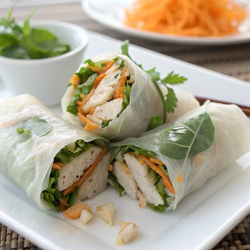 Vietnamese Chicken Rice Paper Wraps – Fresh and Healthy - Easy Quick Recipe - Easy Quick Recipe Fresh Vietnamese chicken rice paper rolls on a white plate with dipping sauce.