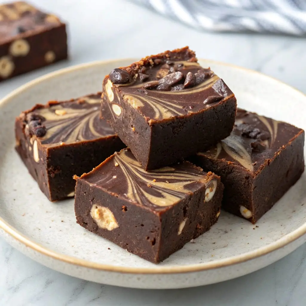 Chocolate Tahini Freezer Fudge – No-Bake, Creamy & Naturally Sweet - Easy Quick Recipe - Easy Quick Recipe Rich chocolate tahini freezer fudge squares topped with flaky sea salt, neatly stacked on parchment paper.