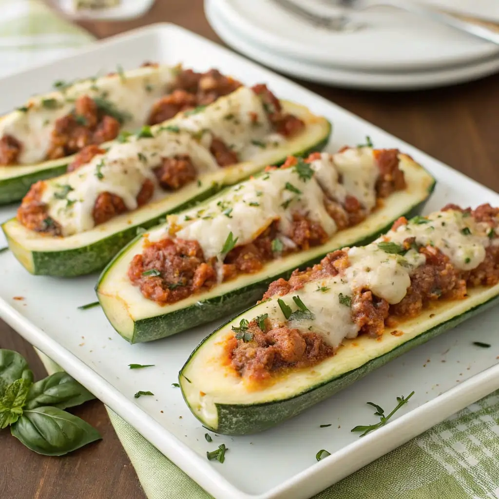Stuffed Zucchini Lasagna Boats – Low-Carb Italian Comfort - Easy Quick Recipe - Easy Quick Recipe Stuffed zucchini lasagna boats filled with layers of ricotta, marinara, and melted mozzarella, garnished with fresh basil.