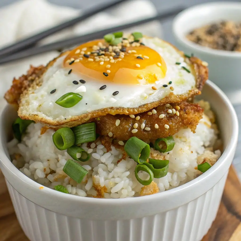 Crispy Egg Rice Bowl – Quick & Trendy Breakfast Idea - Easy Quick Recipe - Easy Quick Recipe Crispy fried egg over white rice topped with green onions and chili oil.