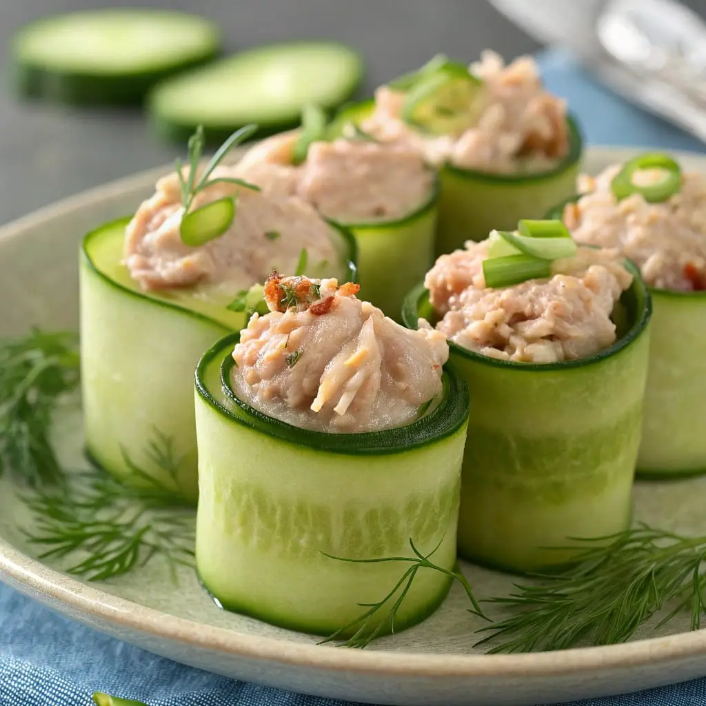 Cucumber Roll-Ups with Tuna and Hummus – Easy Low-Carb Snack - Easy Quick Recipe - Easy Quick Recipe Rolled cucumber slices filled with tuna and hummus, arranged on a plate with fresh herbs.