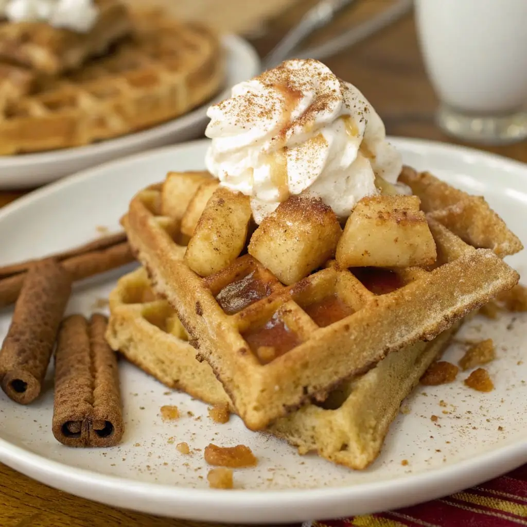 Apple Pie Protein Waffles – Cozy, High-Protein Breakfast - Easy Quick Recipe - Easy Quick Recipe Stack of golden apple pie protein waffles topped with fresh apples and cinnamon