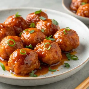 Sticky orange chicken meatballs glazed in a glossy citrus sauce, garnished with sesame seeds and green onions, served over fluffy jasmine rice.