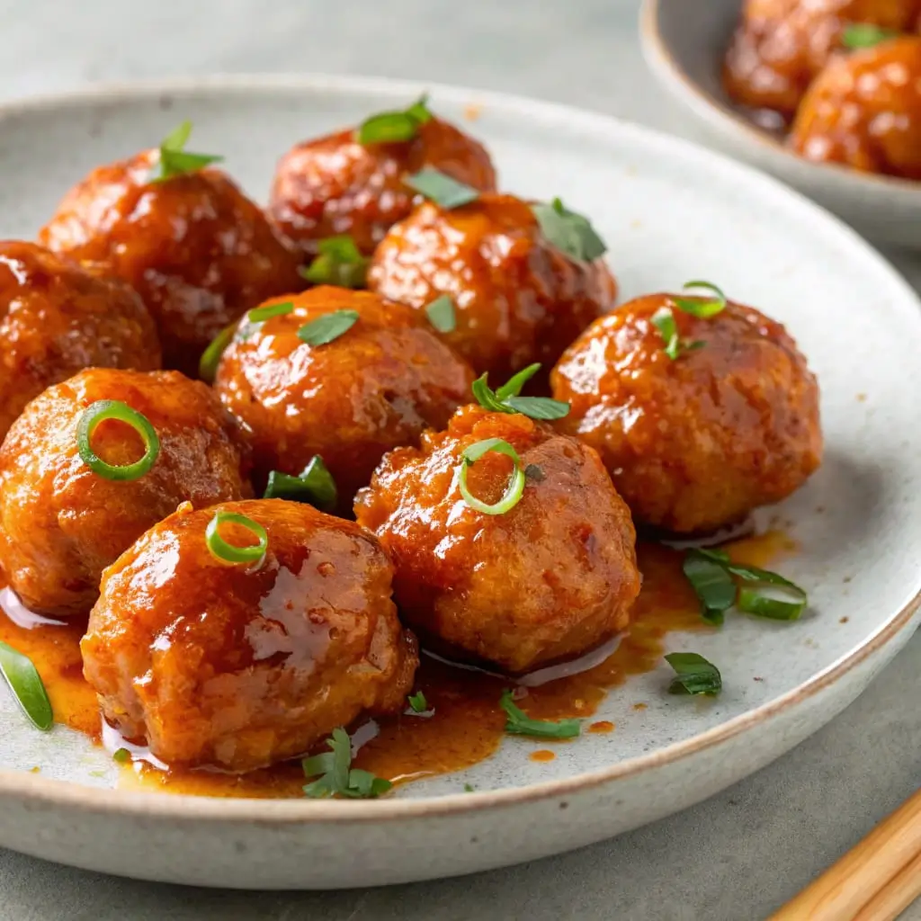 Sticky orange chicken meatballs glazed in a glossy citrus sauce, garnished with sesame seeds and green onions, served over fluffy jasmine rice.