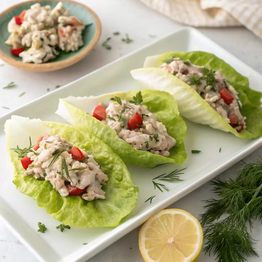 Greek Yogurt Tuna Salad Lettuce Wraps – Fresh, Low-Carb Lunch - Easy Quick Recipe - Easy Quick Recipe Tuna salad made with Greek yogurt served in crisp lettuce wraps, topped with vegetables.