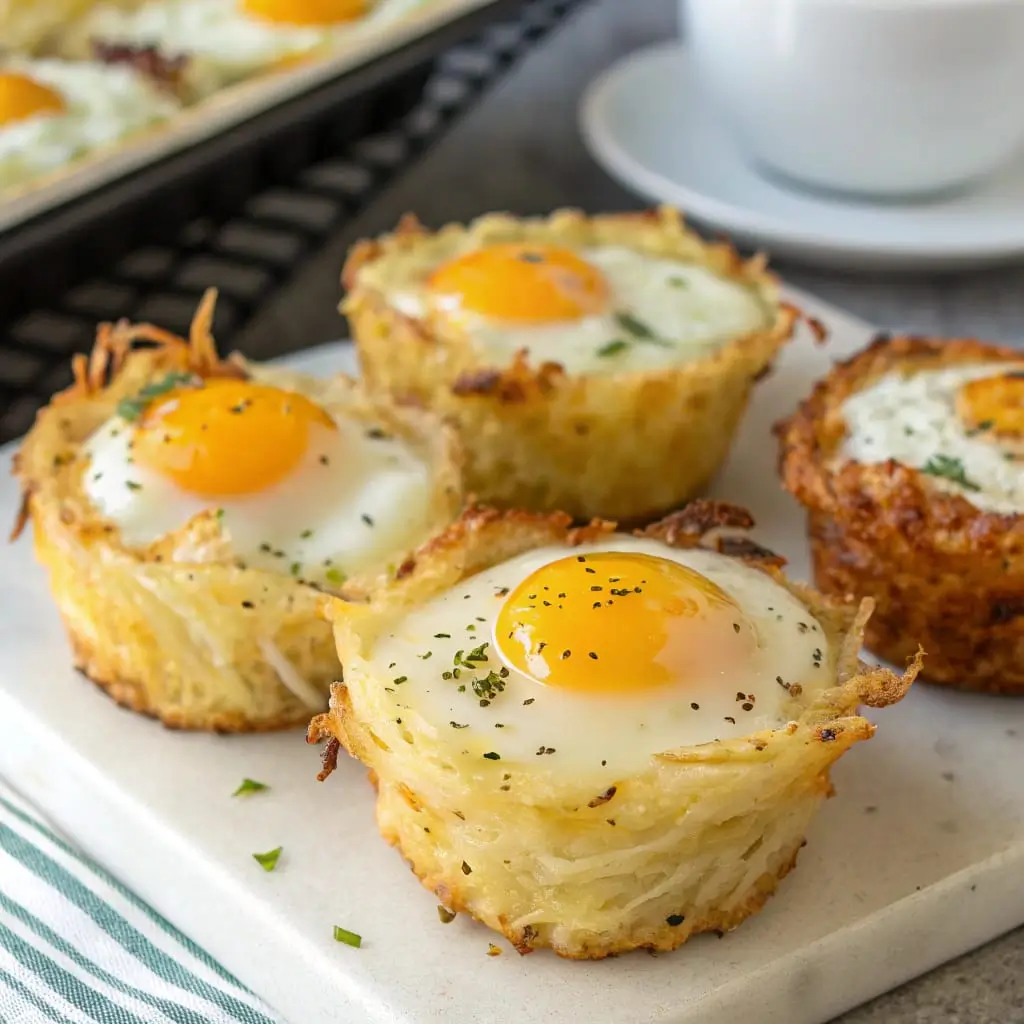 Crispy air fryer hash brown egg nests with egg centers and cheese