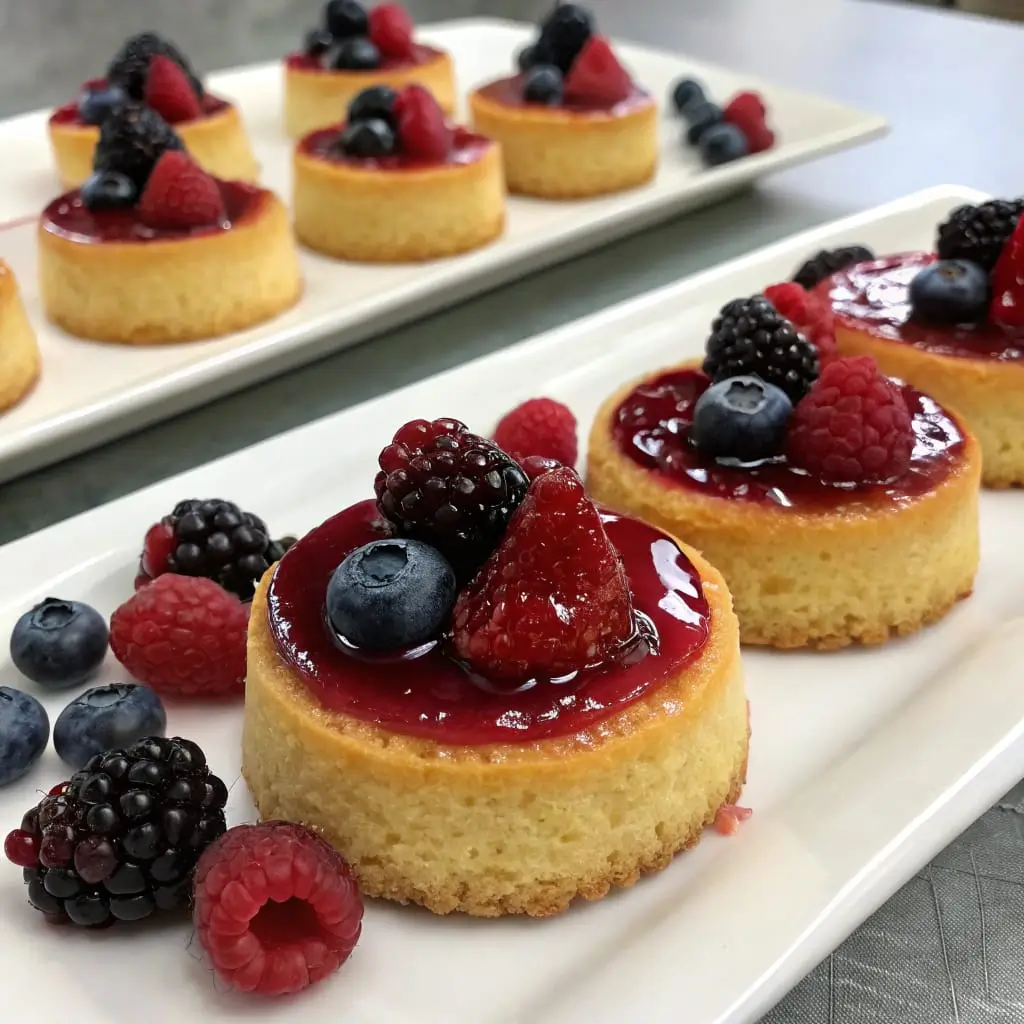 Mini Almond Cakes with Berry Glaze – Delicate Bites with a Fruity Finish - Easy Quick Recipe - Easy Quick Recipe Mini almond cakes drizzled with vibrant berry glaze, topped with fresh berries and a dusting of powdered sugar.