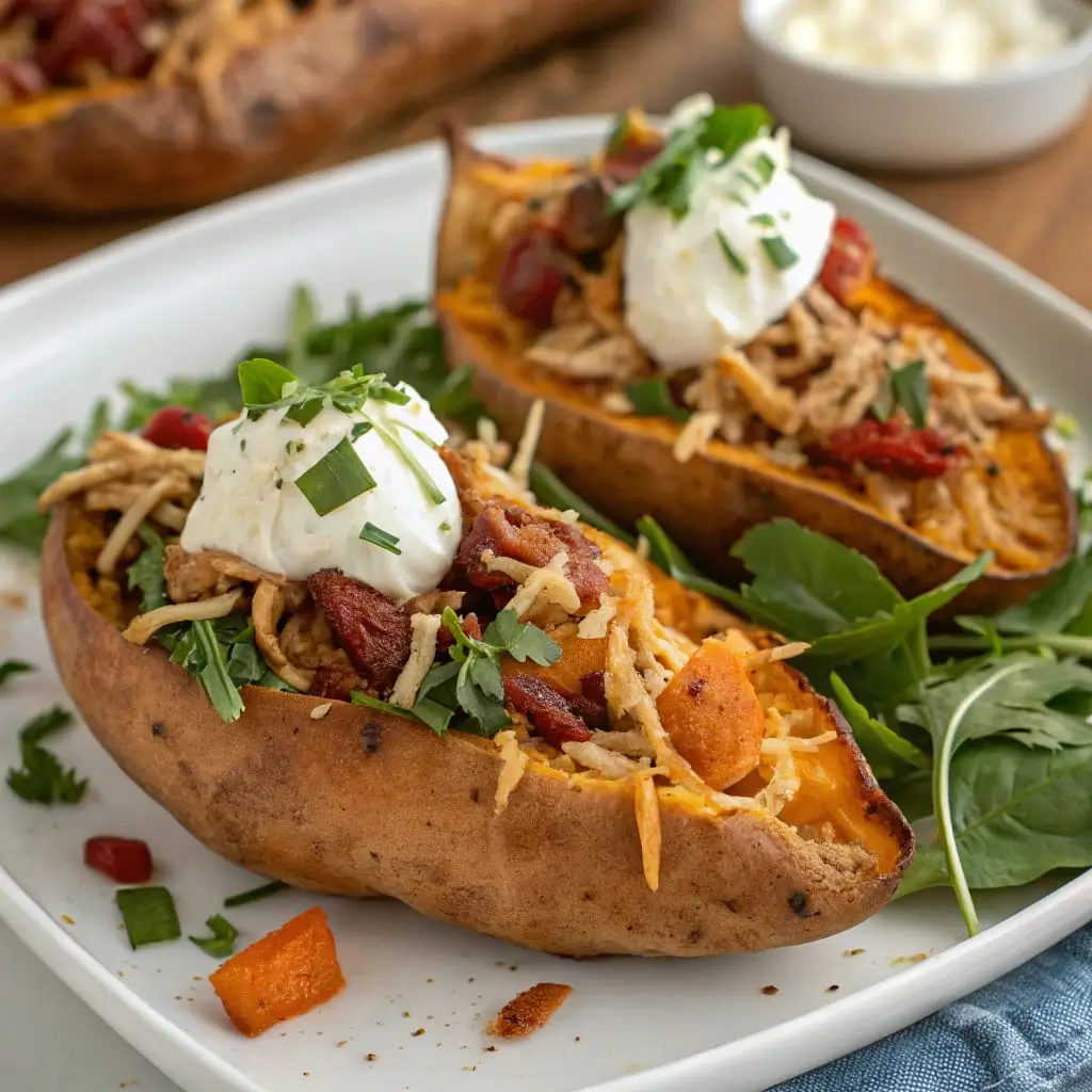 Stuffed Sweet Potato Skins with Chicken & Greens – Wholesome, Flavor-Packed Bites - Easy Quick Recipe - Easy Quick Recipe Baked sweet potato skins stuffed with shredded chicken, sautéed greens, and melted cheese, garnished with fresh herbs and a drizzle of yogurt sauce.