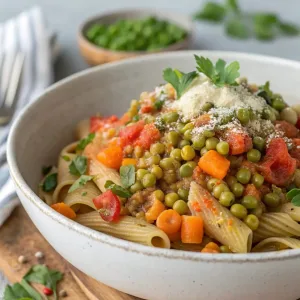 Bowl of red lentil pasta topped with veggie marinara and Parmesan