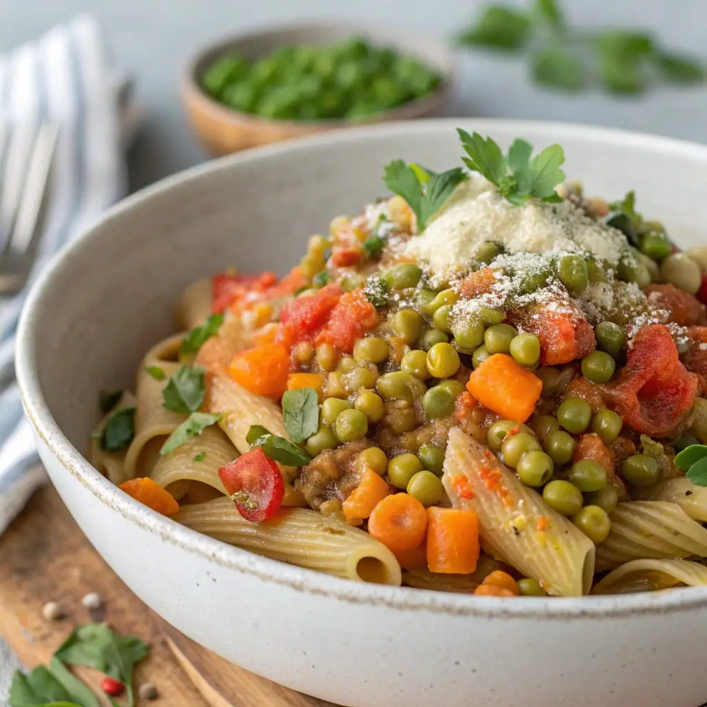 Lentil Pasta with Hidden Veggies - Easy Quick Recipe - Easy Quick Recipe Bowl of red lentil pasta topped with veggie marinara and Parmesan