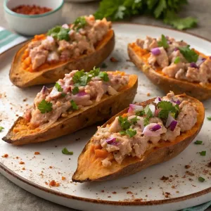 Tuna-stuffed sweet potato skins filled with a creamy tuna mix, topped with fresh herbs and a drizzle of yogurt sauce, served on a rustic platter.