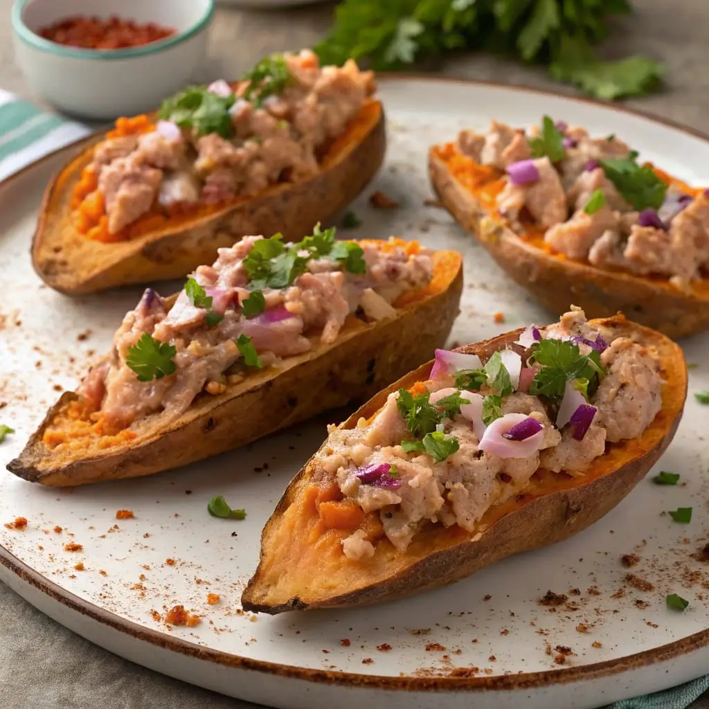 Tuna-Stuffed Sweet Potato Skins – Protein-Packed Comfort with a Twist - Easy Quick Recipe - Easy Quick Recipe Tuna-stuffed sweet potato skins filled with a creamy tuna mix, topped with fresh herbs and a drizzle of yogurt sauce, served on a rustic platter.