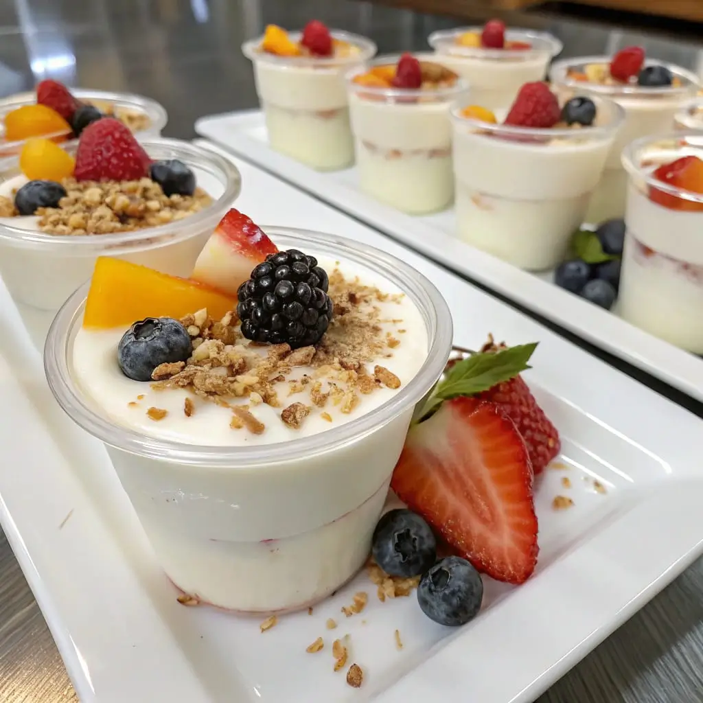 Coconut yogurt mousse cup topped with berries and coconut flakes