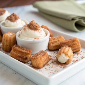 Churro yogurt bites coated in cinnamon sugar, served on a plate with a side of creamy dipping yogurt and a dusting of cinnamon.