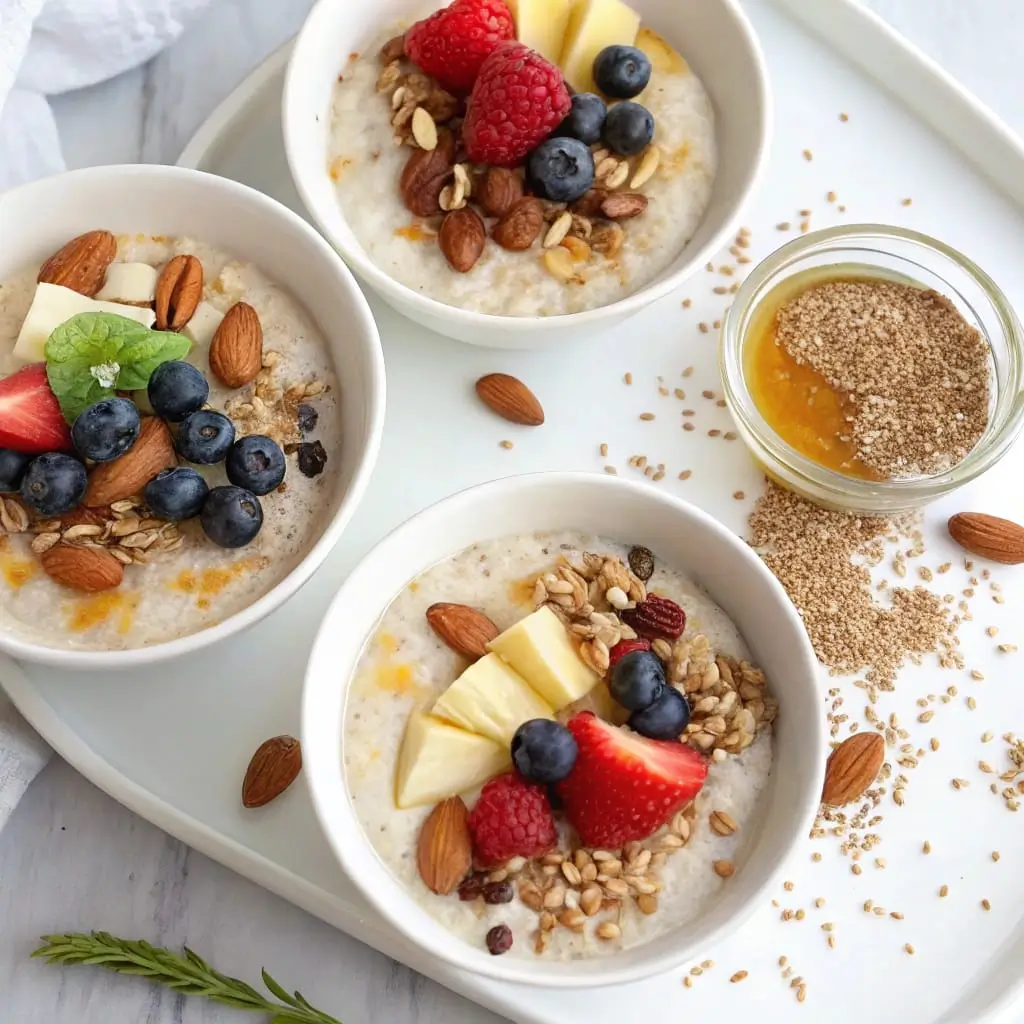 High-Protein Overnight Weetabix Bowls – Healthy and Easy Breakfast - Easy Quick Recipe A mason jar filled with high-protein overnight Weetabix bowls topped with fresh berries, banana slices, and a drizzle of nut butter.