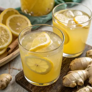 Small glass shot glasses filled with golden ginger lemon gut shots, surrounded by fresh ginger roots, lemon slices, and a sprinkle of turmeric on a wooden surface.