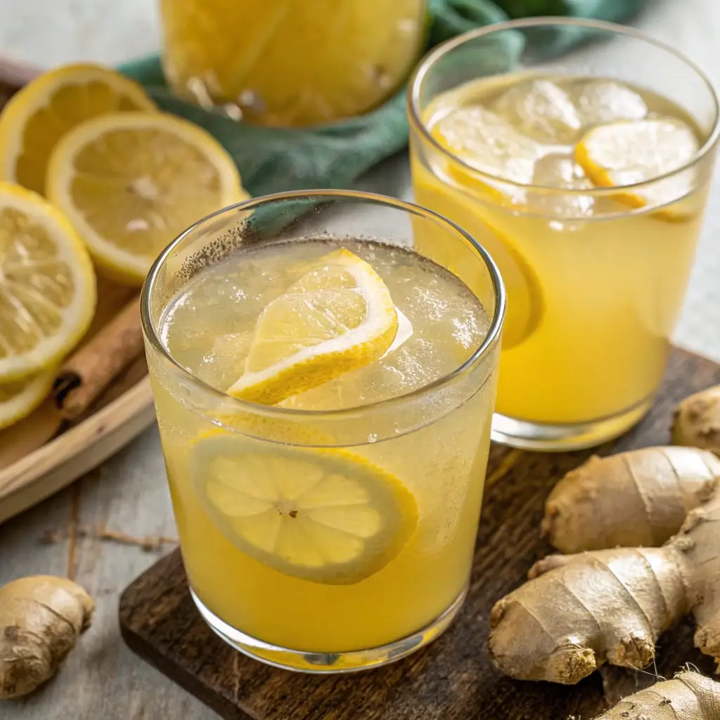 Ginger Lemon Gut Shots – Immunity-Boosting Digestive Elixir - Easy Quick Recipe - Easy Quick Recipe Small glass shot glasses filled with golden ginger lemon gut shots, surrounded by fresh ginger roots, lemon slices, and a sprinkle of turmeric on a wooden surface.