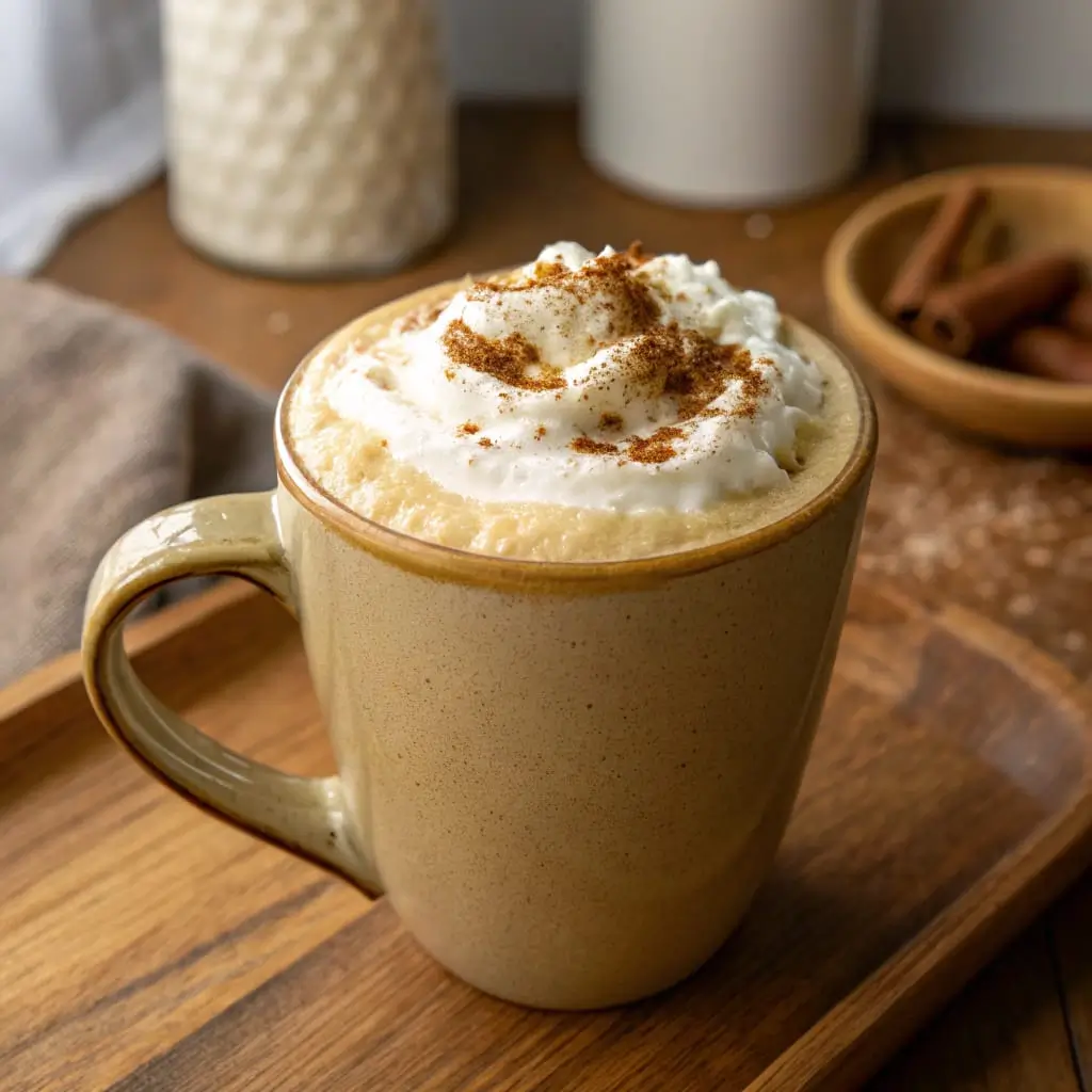 Coconut Collagen Latte – Nourishing Beauty Boost in a Cup - Easy Quick Recipe - Easy Quick Recipe A creamy coconut collagen latte served in a clear glass mug, topped with a dusting of cinnamon and coconut flakes, with collagen powder and coconut pieces in the background.