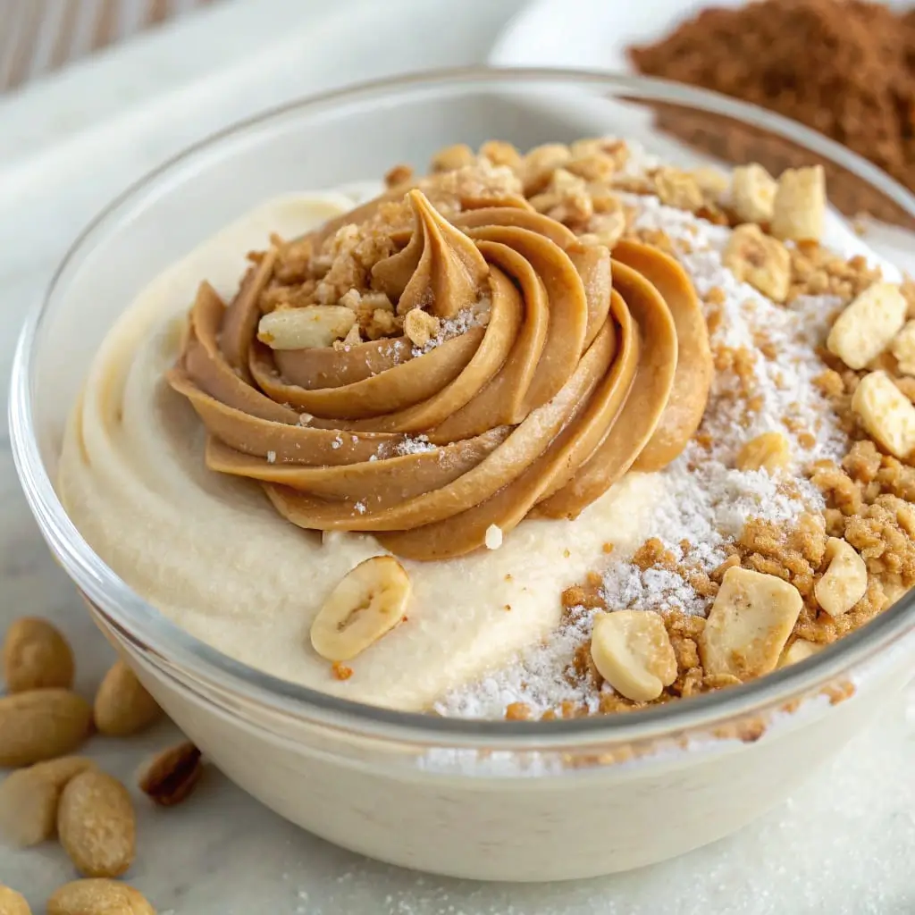 Cottage Cheese Peanut Butter Mousse – High-Protein, Creamy Delight - Easy Quick Recipe - Easy Quick Recipe A light and fluffy cottage cheese peanut butter mousse swirled in a glass jar, topped with a drizzle of peanut butter, crushed peanuts, and a sprinkle of sea salt