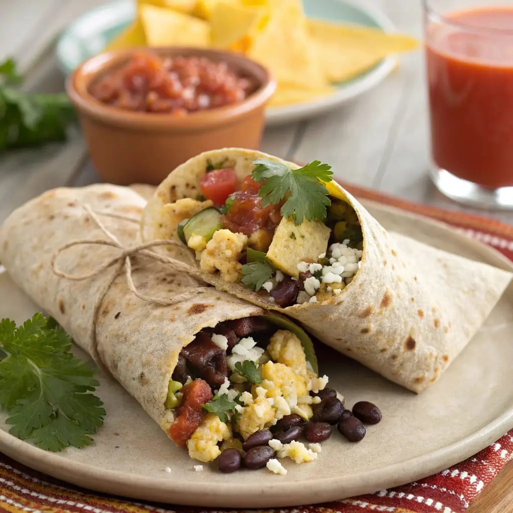 High-Fiber Breakfast Burrito with Flax Wrap - Easy Quick Recipe - Easy Quick Recipe A sliced breakfast burrito filled with eggs, veggies, and black beans, wrapped in a flaxseed tortilla