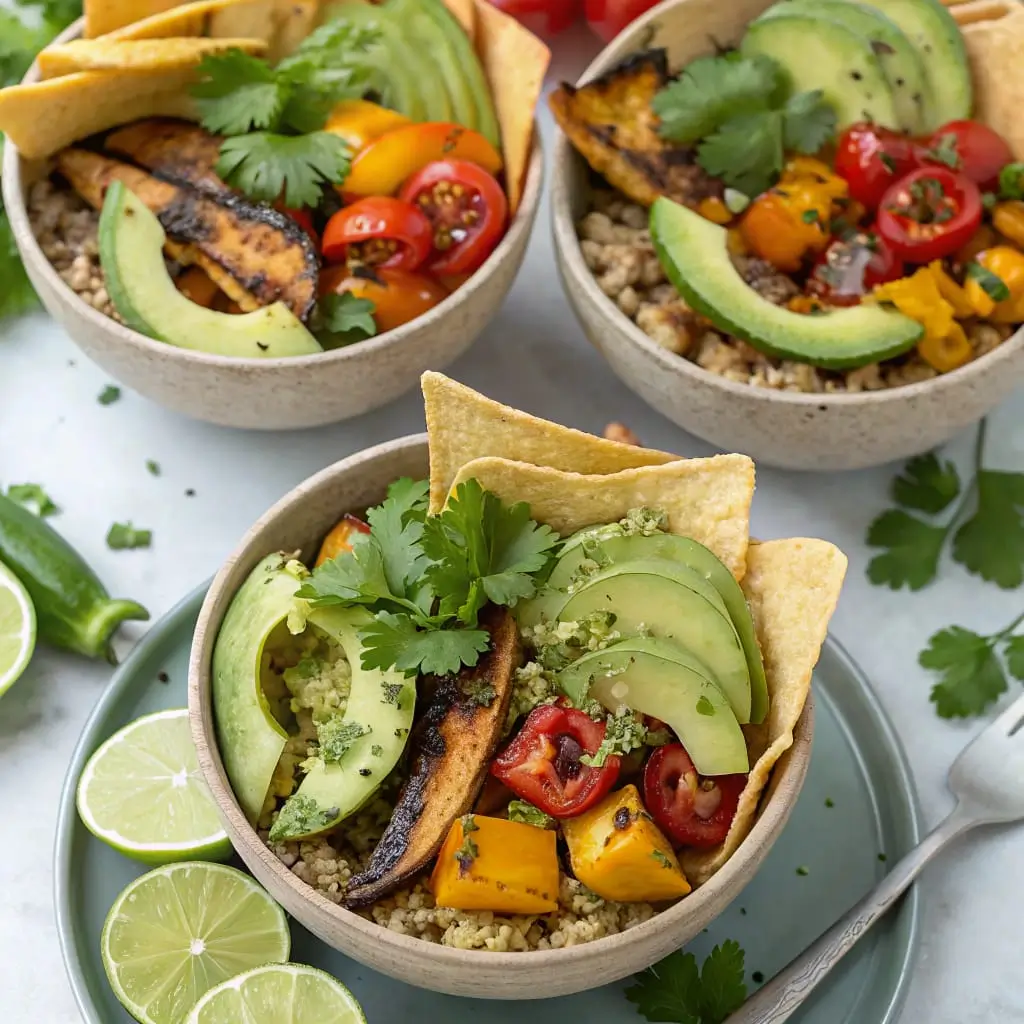Healthy Quinoa Taco Bowl with Avocado and Black Beans - Easy Quick Recipe Colorful quinoa taco bowl topped with avocado, beans, corn, and lime dressing