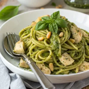 Bowl of 5‑ingredient pesto chicken pasta with penne, juicy chicken slices, fresh basil leaves, and a glossy pesto coating, garnished with Parmesan.