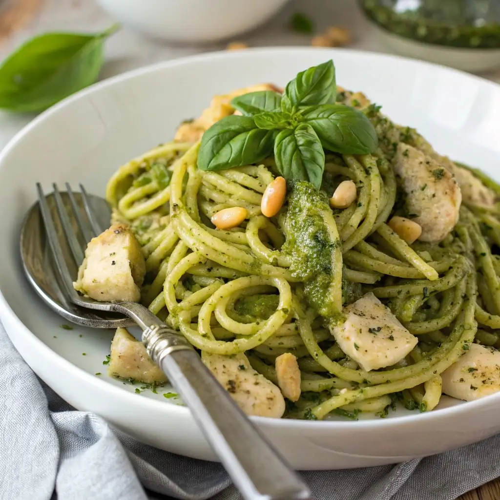 5‑Ingredient Pesto Chicken Pasta – Quick, Fresh & Flavor-Packed - Easy Quick Recipe - Easy Quick Recipe Bowl of 5‑ingredient pesto chicken pasta with penne, juicy chicken slices, fresh basil leaves, and a glossy pesto coating, garnished with Parmesan.