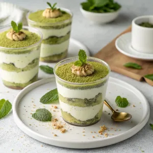 Creamy Matcha Tiramisu Cups layered with vibrant green matcha powder, smooth mascarpone cream, and delicate ladyfinger biscuits in clear glass cups.