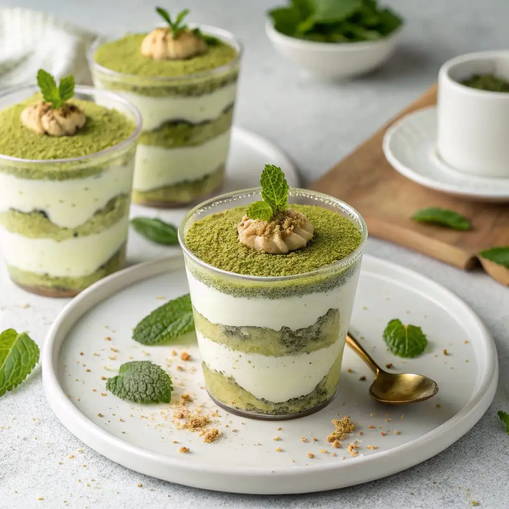 Matcha Tiramisu Cups – Elegant, Refreshing Green Tea Dessert - Easy Quick Recipe - Easy Quick Recipe Creamy Matcha Tiramisu Cups layered with vibrant green matcha powder, smooth mascarpone cream, and delicate ladyfinger biscuits in clear glass cups.