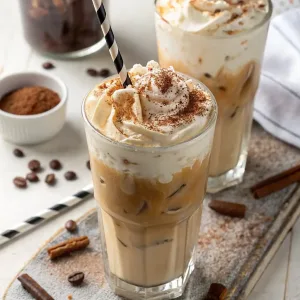 A tall glass of fluffy iced coffee with whipped coffee foam on top, served over ice cubes and swirled with milk, creating a marbled effect.