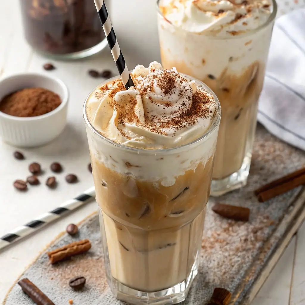 Fluffy Iced Coffee – Frothy, Refreshing & Instagram-Worthy - Easy Quick Recipe - Easy Quick Recipe A tall glass of fluffy iced coffee with whipped coffee foam on top, served over ice cubes and swirled with milk, creating a marbled effect.