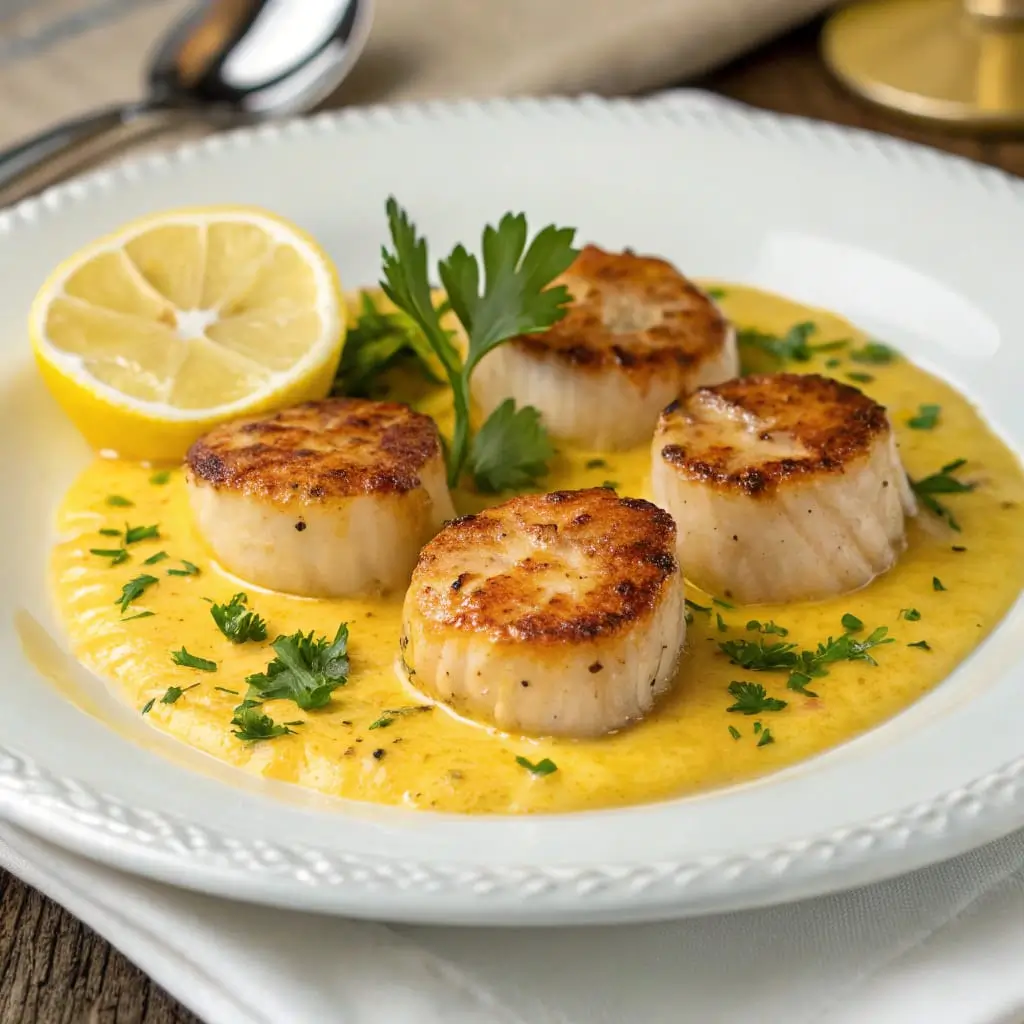 Seared Scallops with Creamy Saffron Sauce – Elegant, Flavor-Packed Seafood Delight - Easy Quick Recipe - Easy Quick Recipe Golden-brown seared scallops served on a white plate, drizzled with a rich, golden creamy saffron sauce and garnished with fresh herbs.