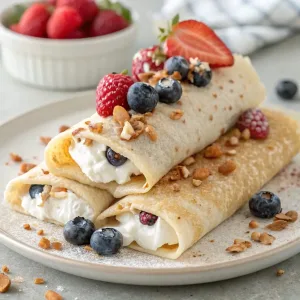 A stack of thin cottage cheese crepes filled with fruit and drizzled with honey