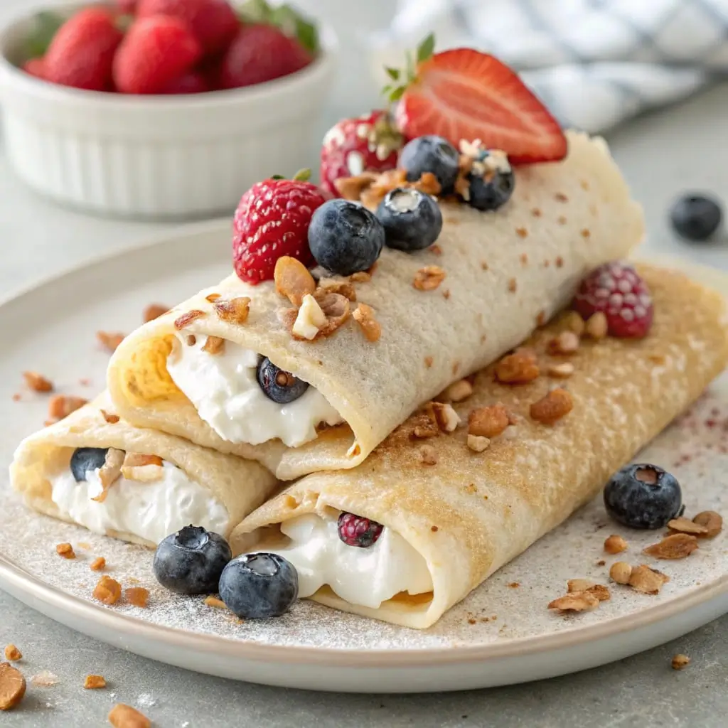 Protein Cottage Cheese Crepes – Light and High-Protein Breakfast - Easy Quick Recipe - Easy Quick Recipe A stack of thin cottage cheese crepes filled with fruit and drizzled with honey