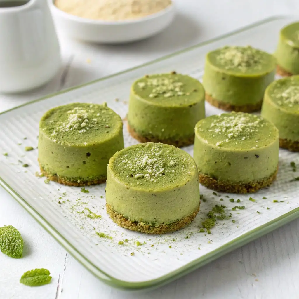 Mini Matcha Protein Cheesecakes – Guilt-Free Green Tea Goodness - Easy Quick Recipe - Easy Quick Recipe Mini matcha protein cheesecakes with a vibrant green hue, topped with a swirl of whipped cream and a dusting of matcha powder, served on a white plate.