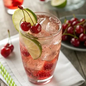 A vibrant glass of Cherry Lime Sparkle Fizz filled with ruby-red cherry juice, sparkling water, lime slices, and crushed ice, garnished with fresh cherries and a lime wedge.