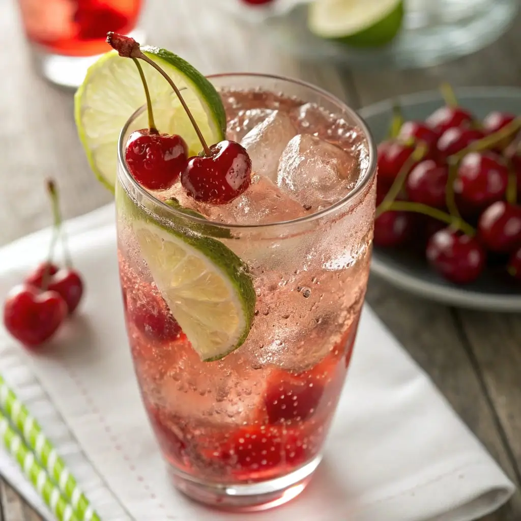 Cherry Lime Sparkle Fizz – Bold, Bubbly & Bursting with Flavor - Easy Quick Recipe - Easy Quick Recipe A vibrant glass of Cherry Lime Sparkle Fizz filled with ruby-red cherry juice, sparkling water, lime slices, and crushed ice, garnished with fresh cherries and a lime wedge.