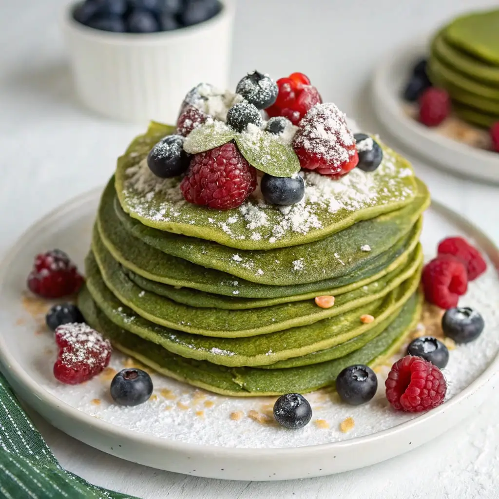 Matcha Protein Crepes – Light and Healthy Green Breakfast - Easy Quick Recipe - Easy Quick Recipe Stack of vibrant green matcha crepes filled with yogurt and berries on a white plate