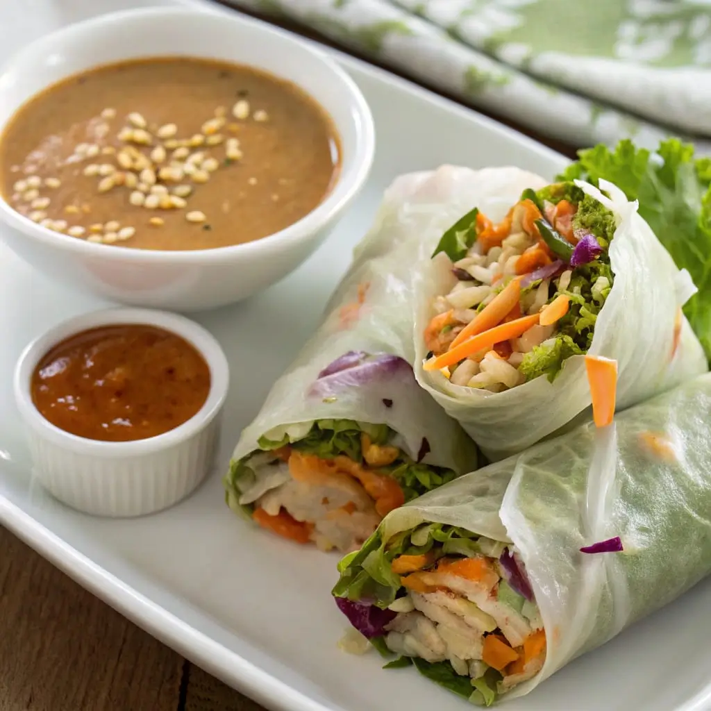 Asian Crunch Slaw Wraps with Peanut Sauce – Easy Vegan Lunch - Easy Quick Recipe - Easy Quick Recipe Colorful slaw wraps with peanut sauce served on a white plate with lime wedges